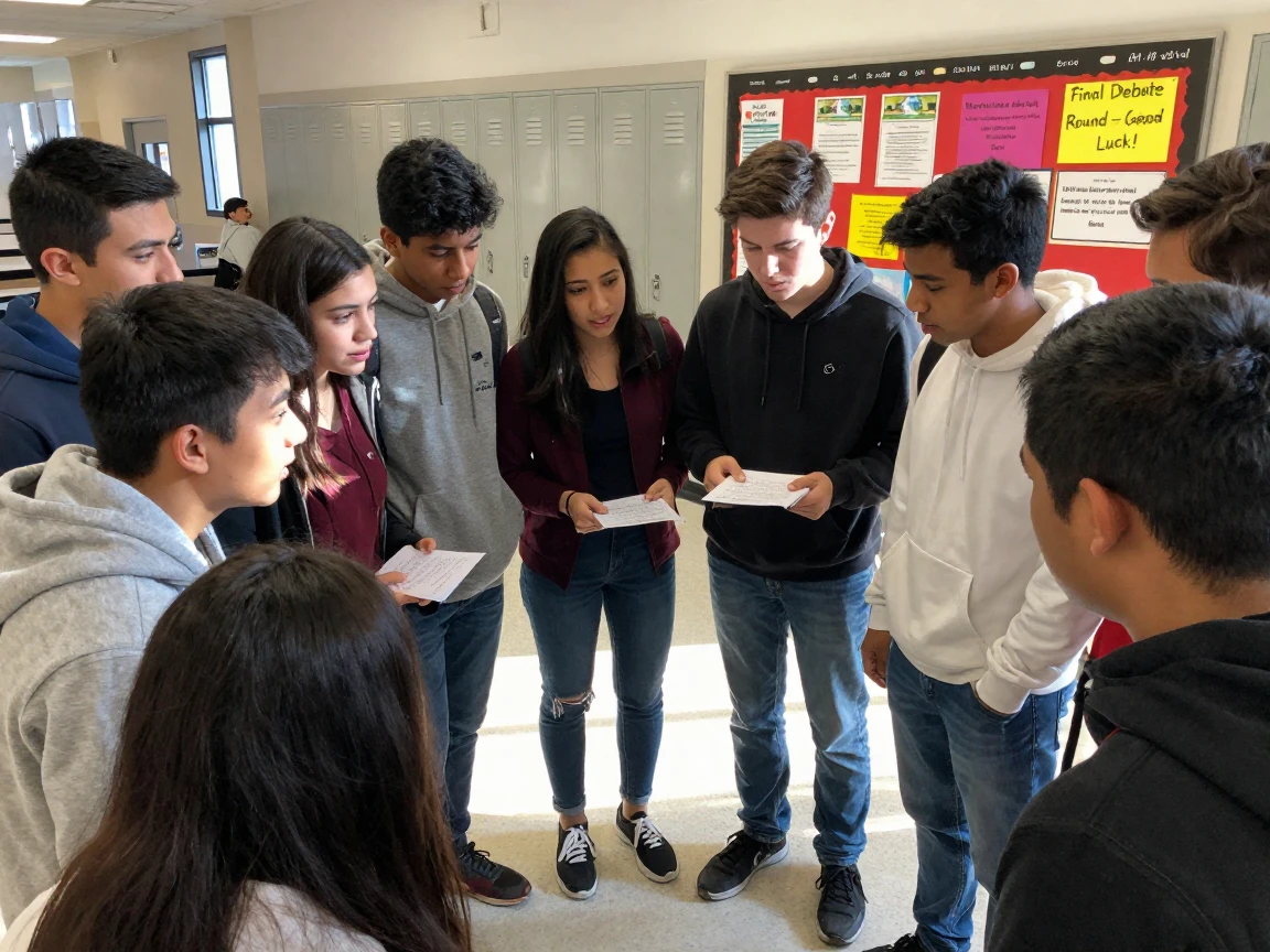 A high school debate team huddles to prepare rebuttals before a final round.
