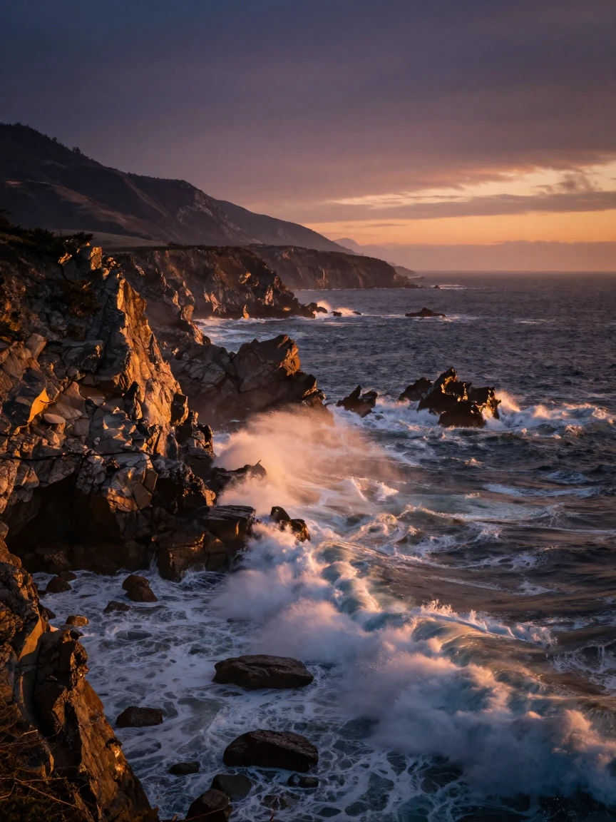 A rugged coastline battered by crashing waves, stretching endlessly as evening shadows lengthen