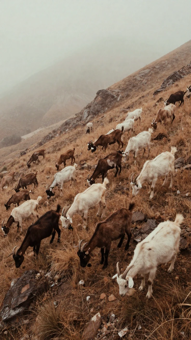 Herds of goats grazing on a steep mountainside pasture, in soft window light, in thick rolling fog, in the height of summer, in earthy terracotta and ochre shades, shot from directly overhead.