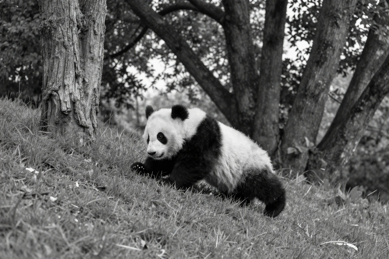 A panda cub tumbles playfully down a grassy slope beneath a canopy of ancient trees.