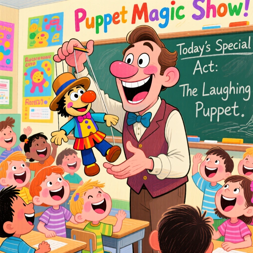 A puppet-show teacher entertaining a classroom of giggling children.