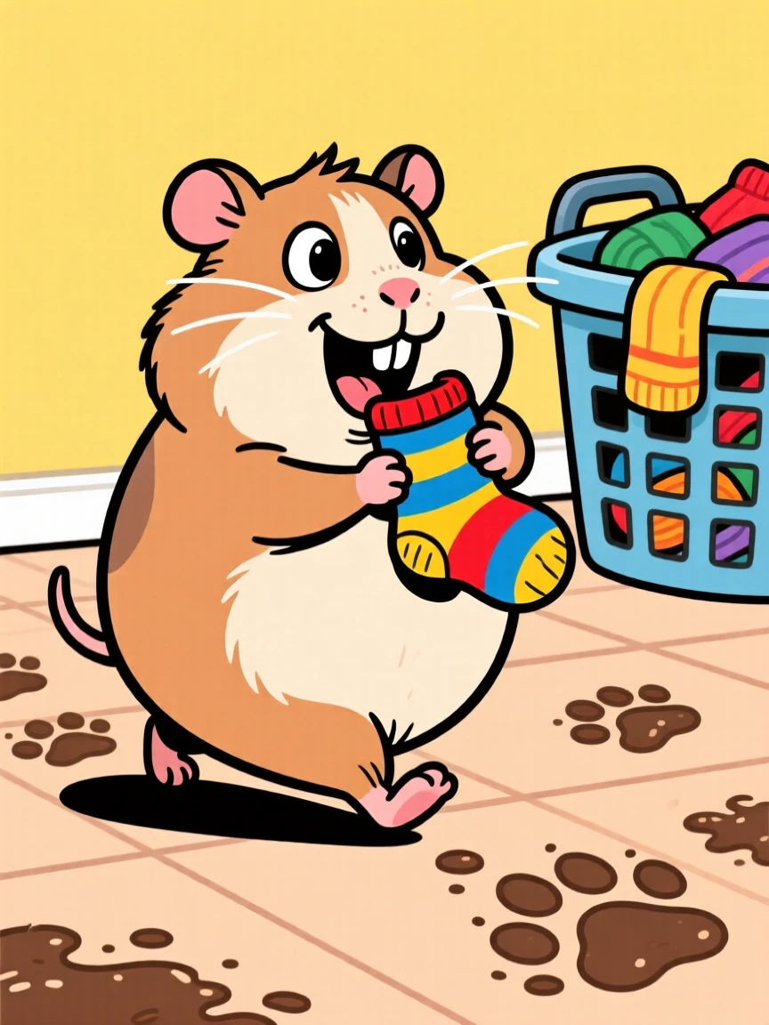 A playful pet moment featuring a chubby guinea pig stealing a sock and parading it triumphantly, with muddy paw prints trailing behind.