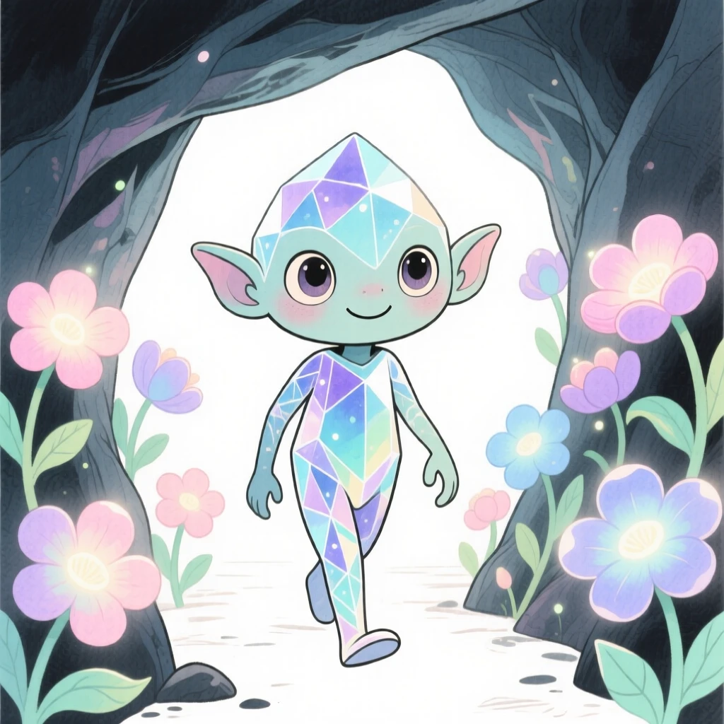 A crystal cave dweller walking through a tunnel of blooming glowing flowers