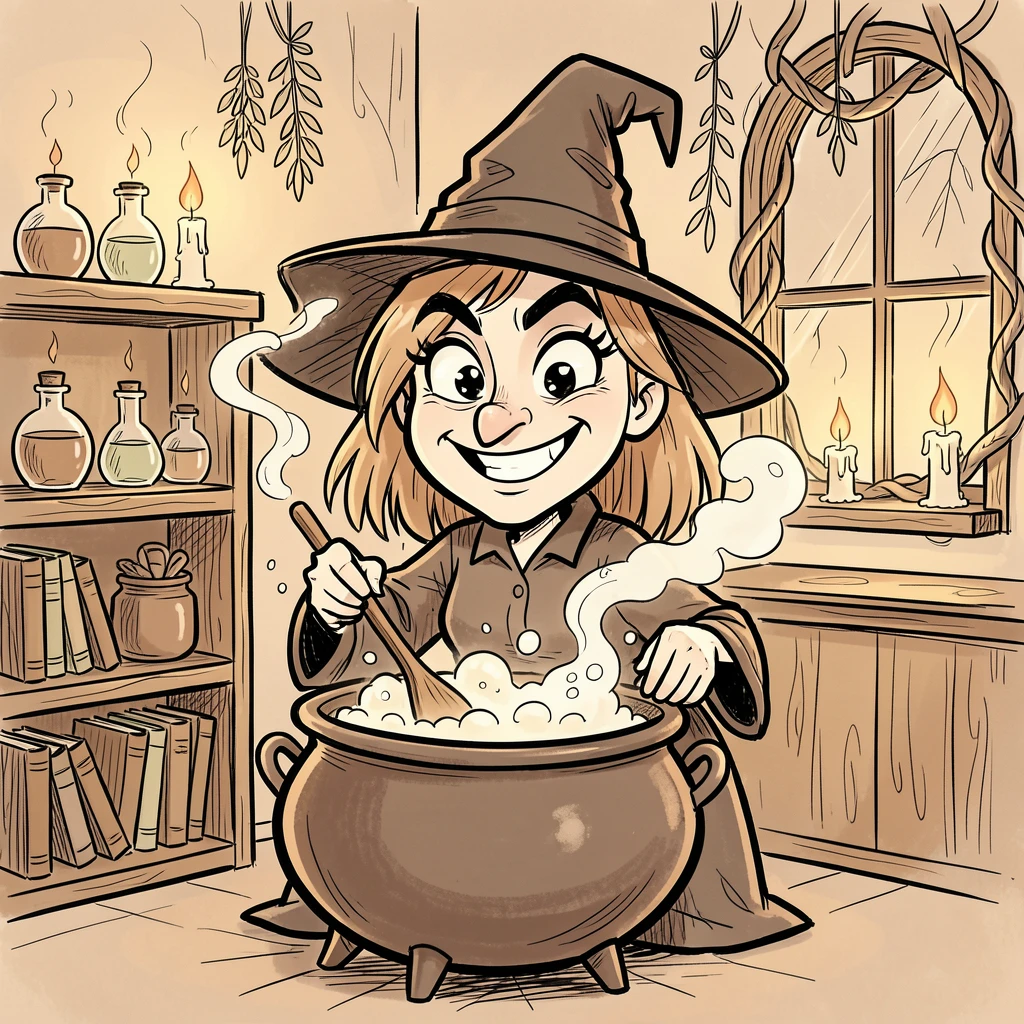 [Fantasy & Imaginative Scenarios] Imaginative fantasy scene of a witch stirring a bubbling cauldron in a candlelit cottage, brimming with wonder