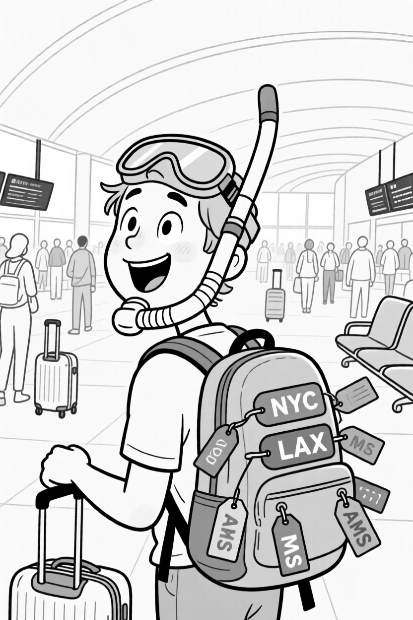A snorkeler popping up in delighted surprise, watching the world go by with a contented sigh, set in a crowded, echoing airport terminal. Luggage tags flutter from an overstuffed backpack. There's a light, adventurous spirit running through the moment.
