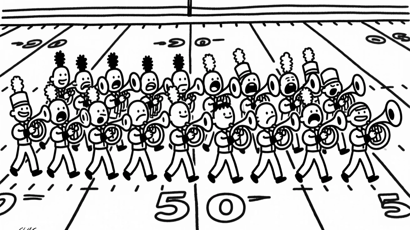 A marching band performing in perfect formation on a football field.