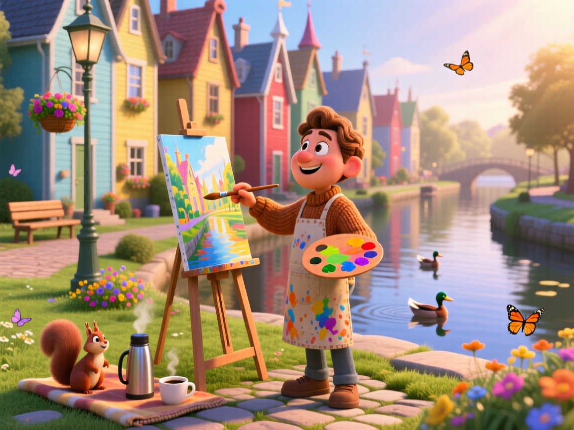 A painter working at an easel in a park is captured along a canal lined with narrow houses, with warm morning light spilling across the scene. The atmosphere feels cozy, human, and full of small joys.