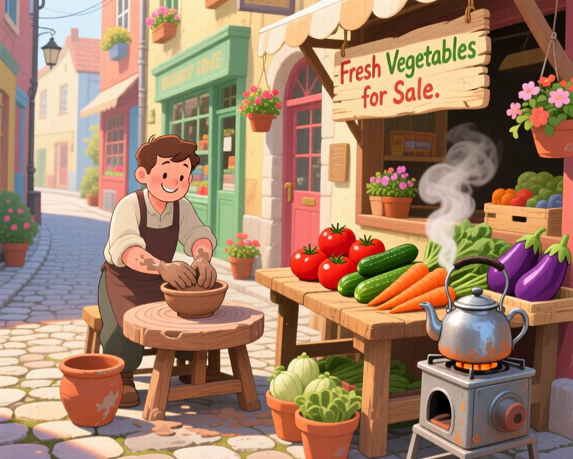 In a narrow alley lined with shops, a potter shaping clay on a wheel is busy stacking fresh vegetables at a market stall, as steam curls gently from a nearby teapot.