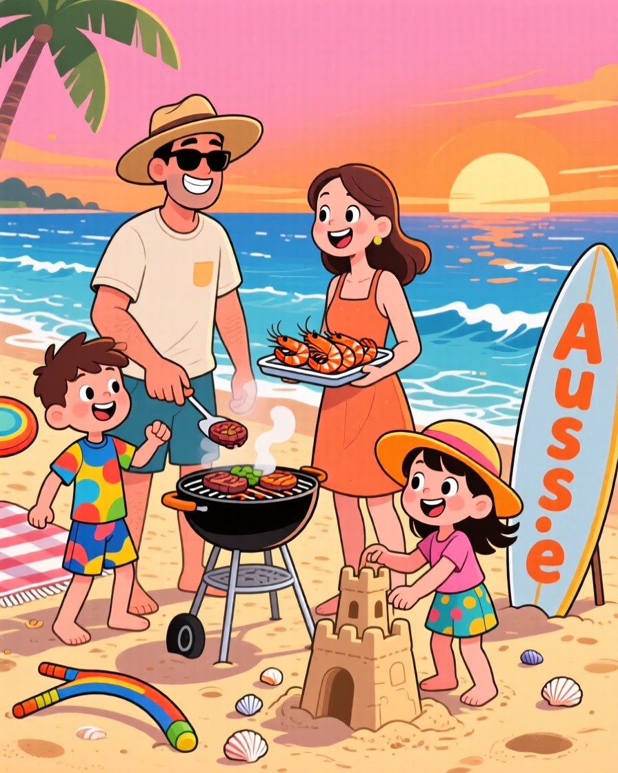 A family in Australia having a barbecue on the beach at sunset.
