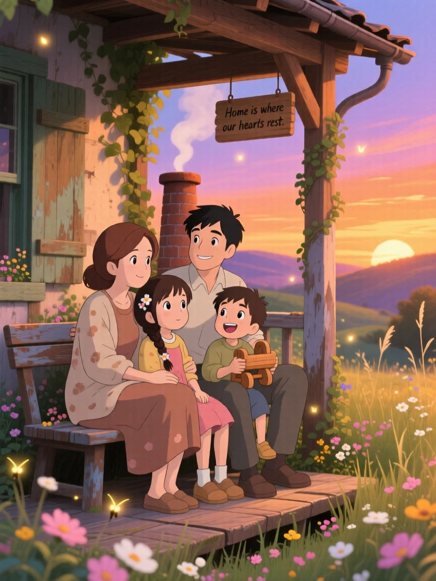 A family gathered on the porch watching the sunset, the scene full of gentle love.