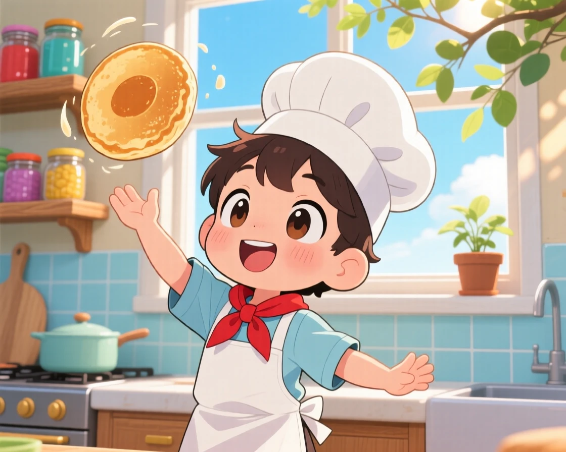 Close-up portrait: a young chef, flipping a pancake high in the air, set against a cheerful kitchen under a clear summer sky, with warm morning light filtering through leaves and a mood of wide-eyed wonder.