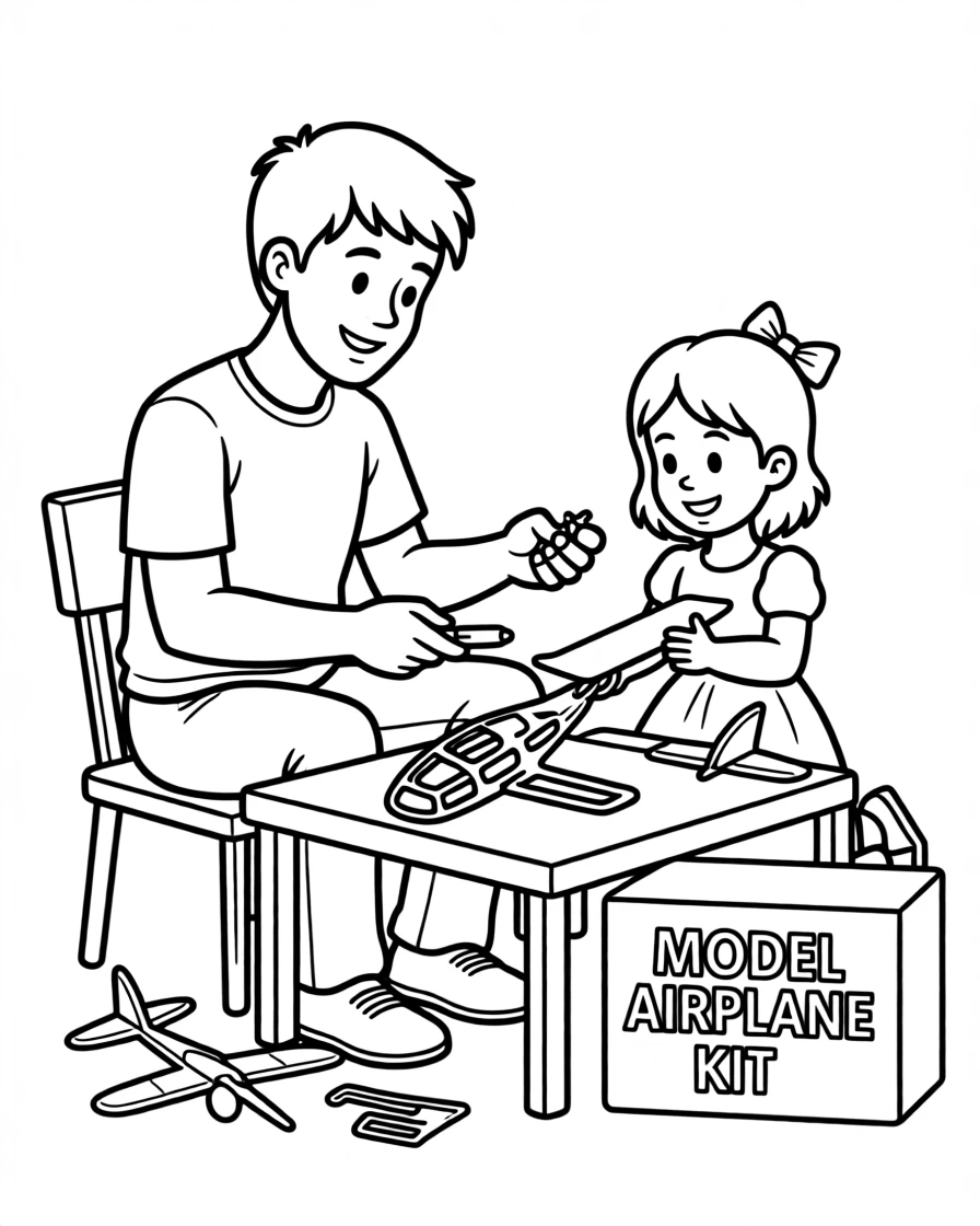 A father and daughter building a model airplane together