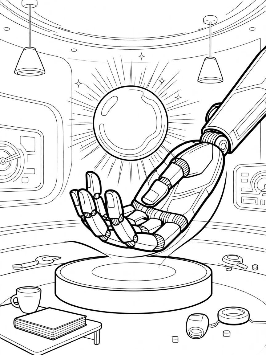 A robotic hand reaching toward a glowing orb, with soft ambient lighting filling the room.