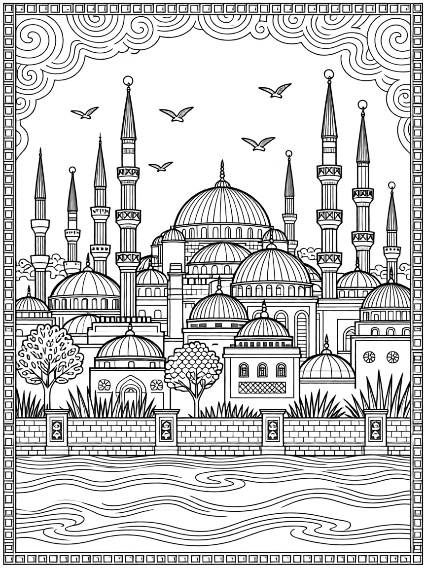 Domes and minarets of a historic skyline across a strait.