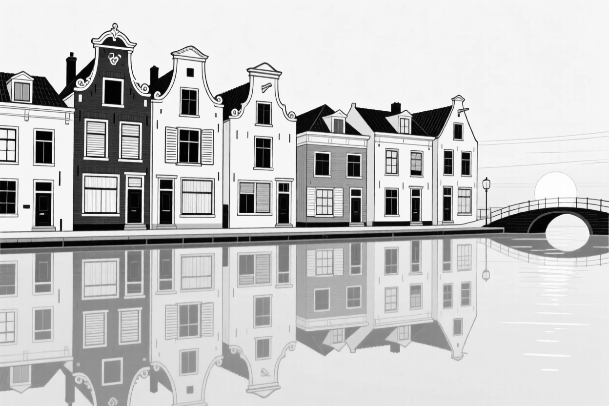 A row of canal houses reflected in still water at twilight