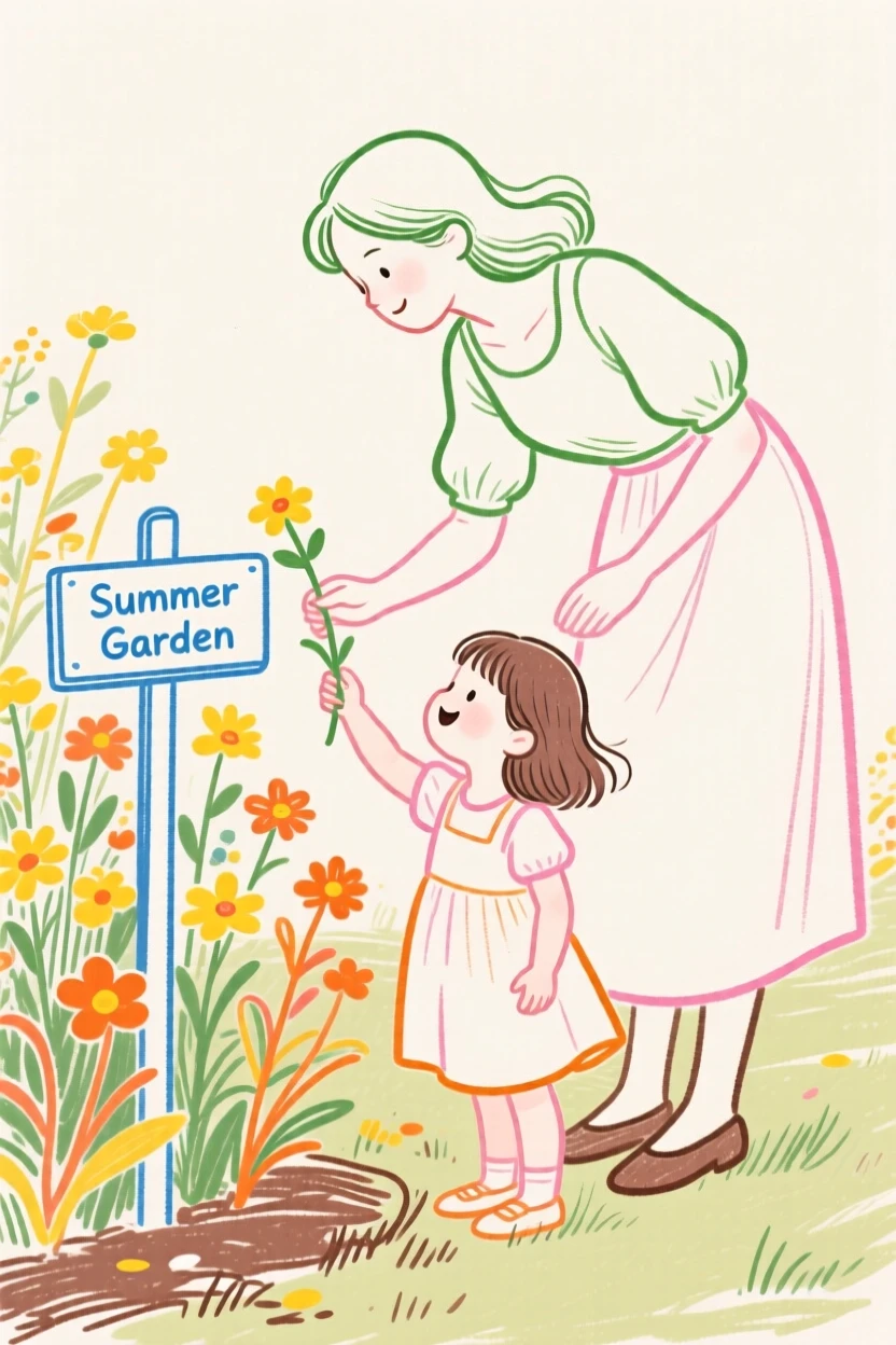 A mother and daughter picking flowers in a summer garden.