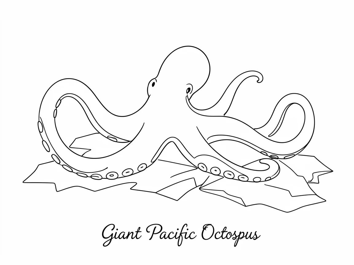 A giant Pacific octopus unfurling its arms across a rocky seafloor
