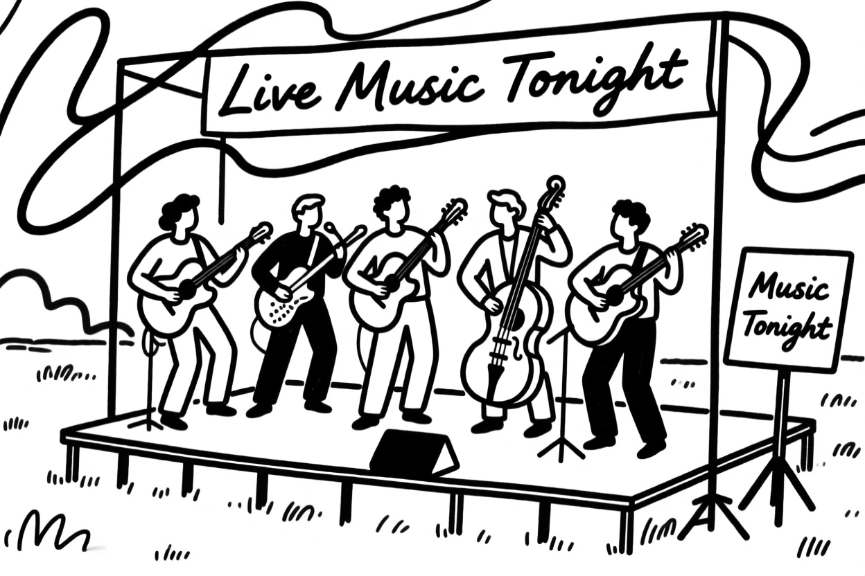A group of musicians performing together on a small outdoor stage.