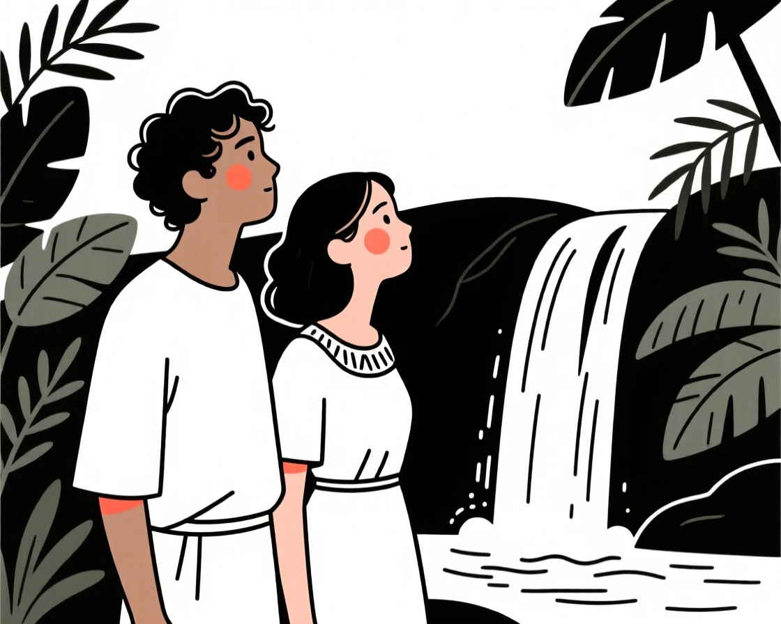 A young couple of Greek heritage, looking hopeful toward the horizon, by a waterfall in the jungle.