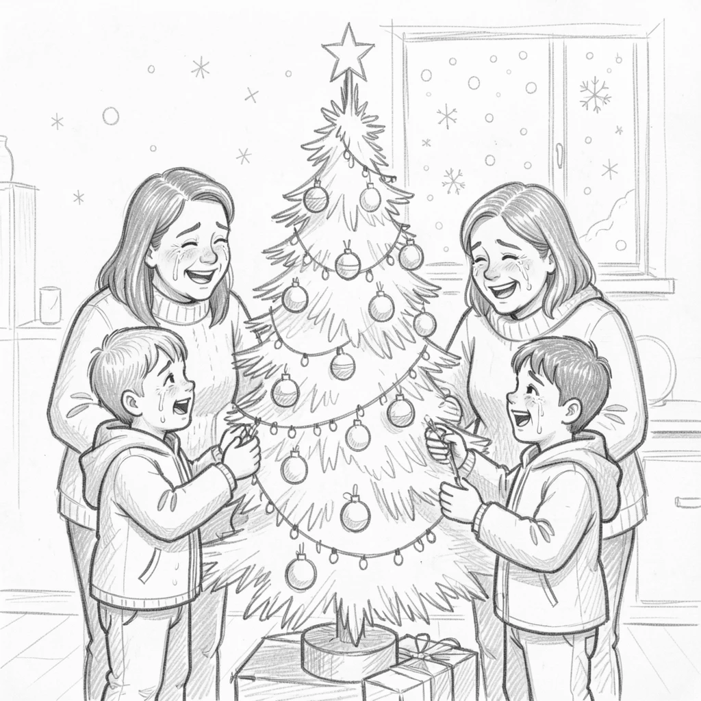 An emotional scene of a family decorating a Christmas tree on a snowy winter morning, marked by tears of happiness.