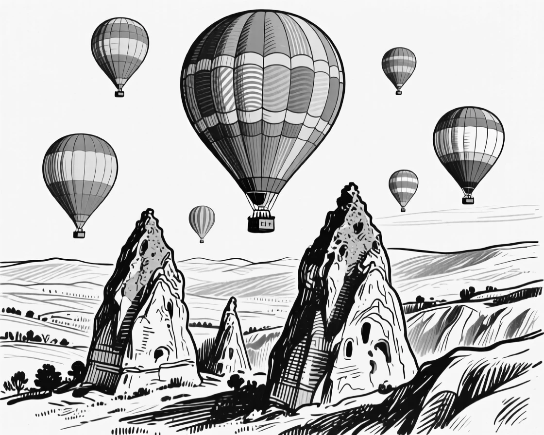 The colorful hot air balloons rising over the fairy chimneys of Cappadocia.