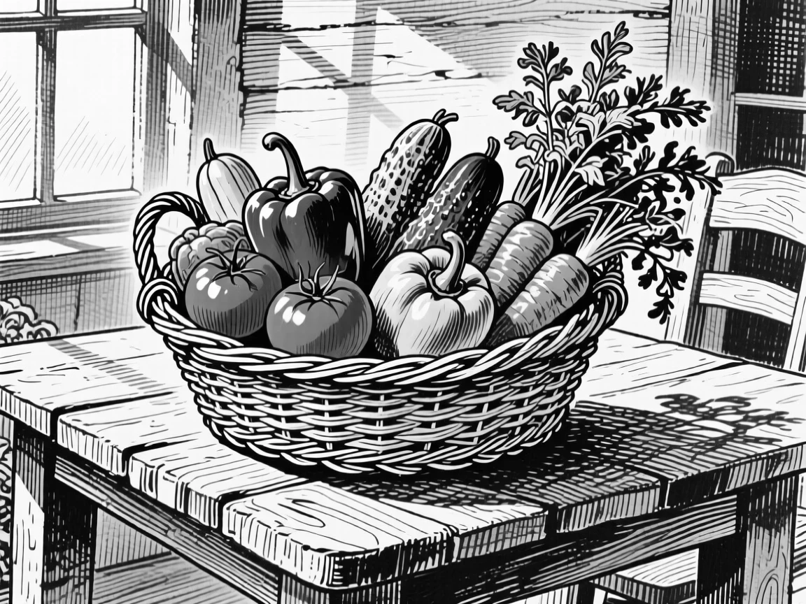 A basket of fresh vegetables from the garden set on a farmhouse table, with sunlight catching the glossy surface, presented in a cheerful and abundant culinary still life.
