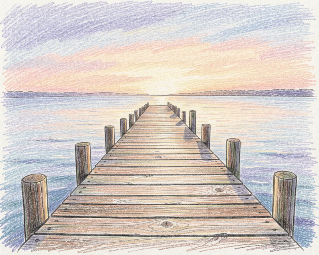 A wooden pier stretching into a calm bay at sunrise, with a gentle play of light and shadow across the composition, capturing a quiet story that lingers with the viewer.