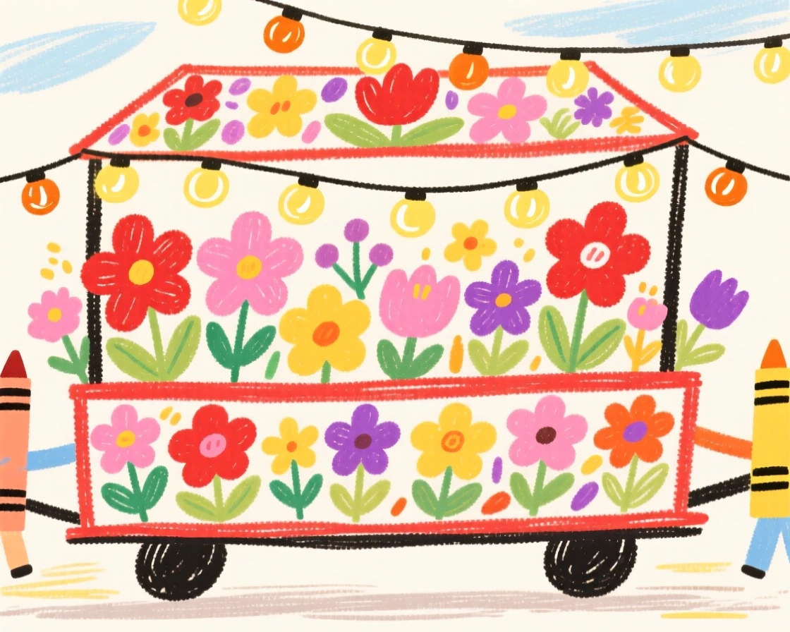 A parade float covered in flowers lit by strings of warm twinkling lights.