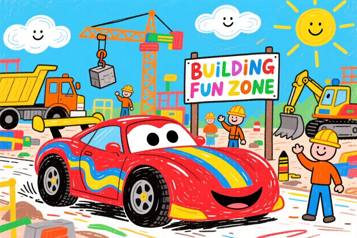 A sleek race car working at a busy construction site.