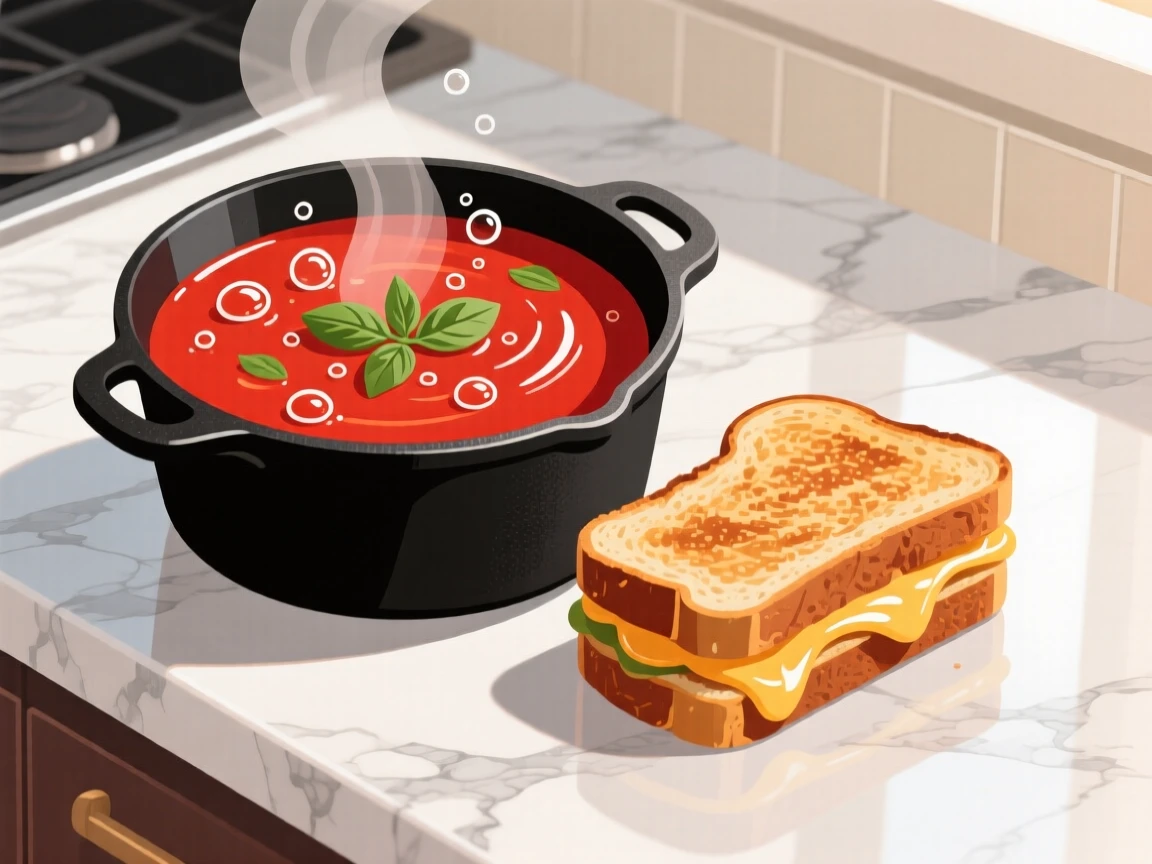 A bubbling pot of tomato soup beside a grilled cheese sandwich, placed atop a marble kitchen counter, framed closely to emphasize glossy, fresh textures, with a joyful, celebratory feel.
