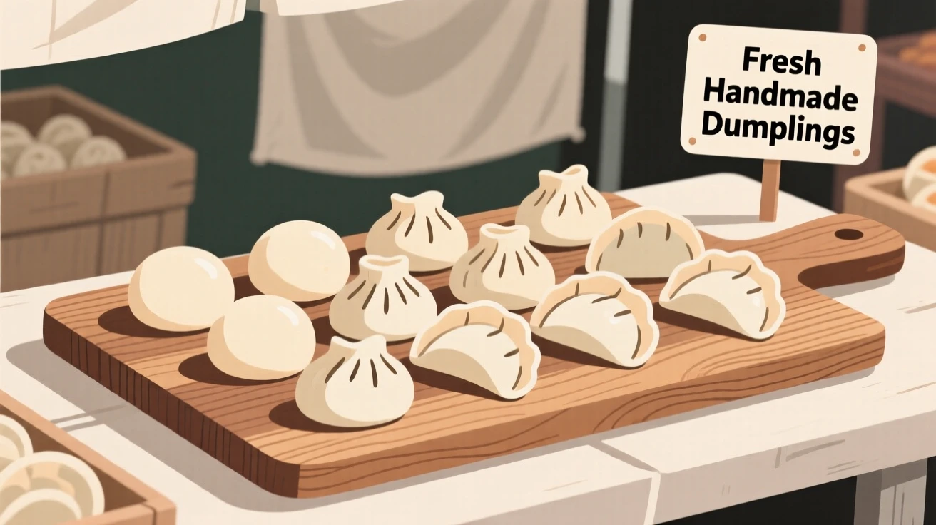 An assortment of dumplings beautifully displayed on a rustic wooden board at a farmers market.