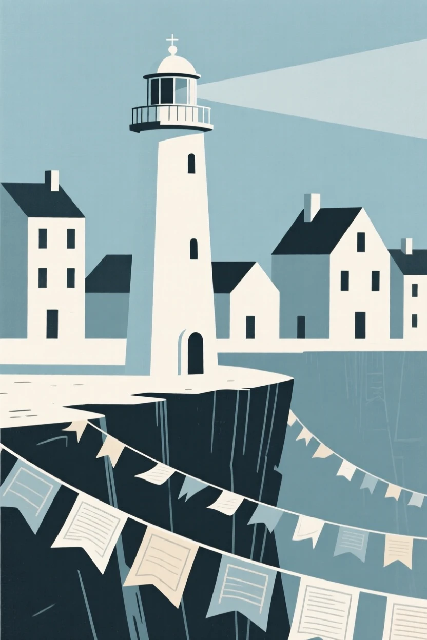 A view of a lighthouse on a cliff at an European old town square, framed by fluttering prayer flags, capturing wanderlust.
