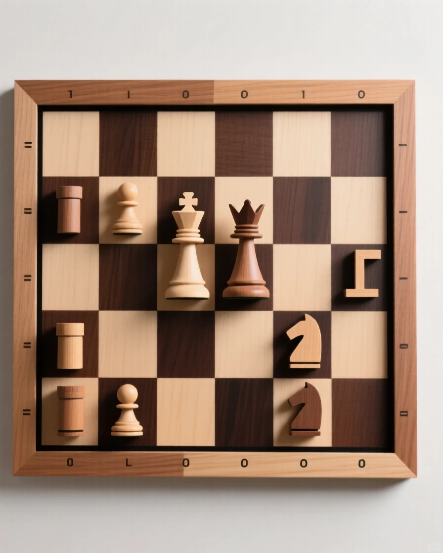 A wooden chess set mid-game
