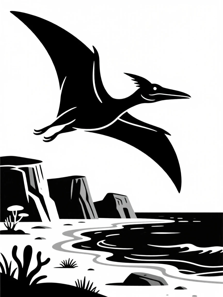 A Pteranodon soaring above a prehistoric coastline.