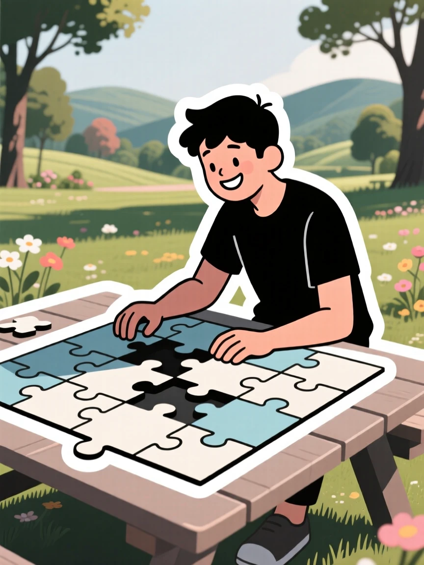 A focused and joyful puzzle enthusiast completing a large jigsaw, taking a short pause to admire their progress, at a scenic outdoor location.