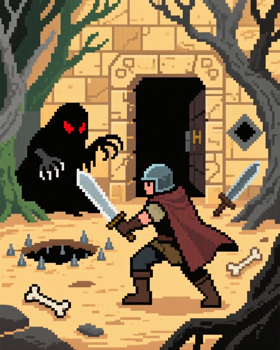 A dungeon explorer battling a shadow creature in a haunted forest, in a desert temple filled with traps.