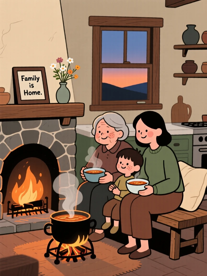 Three generations of a family gather around a fireplace hearth in the farmhouse kitchen, sharing steaming bowls of soup and stories as evening settles in outside.