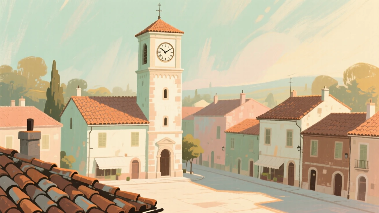 A small town square with a clock tower rising above tiled rooftops