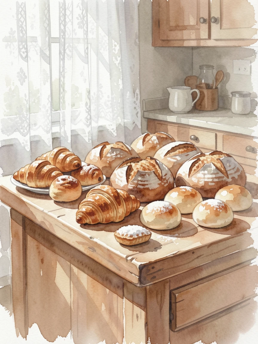 A kitchen island covered with fresh baked goods with soft afternoon light streaming through lace curtains.
