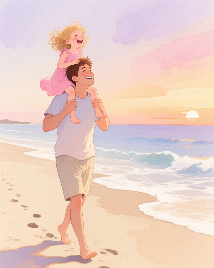 A father lifts his giggling daughter onto his shoulders as they walk along a sandy beach at sunset