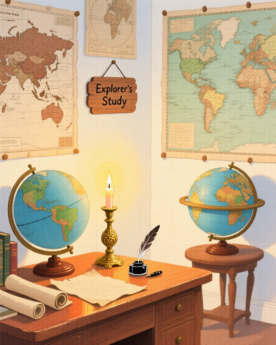 A peaceful view of a candlelit study filled with old maps and globes.