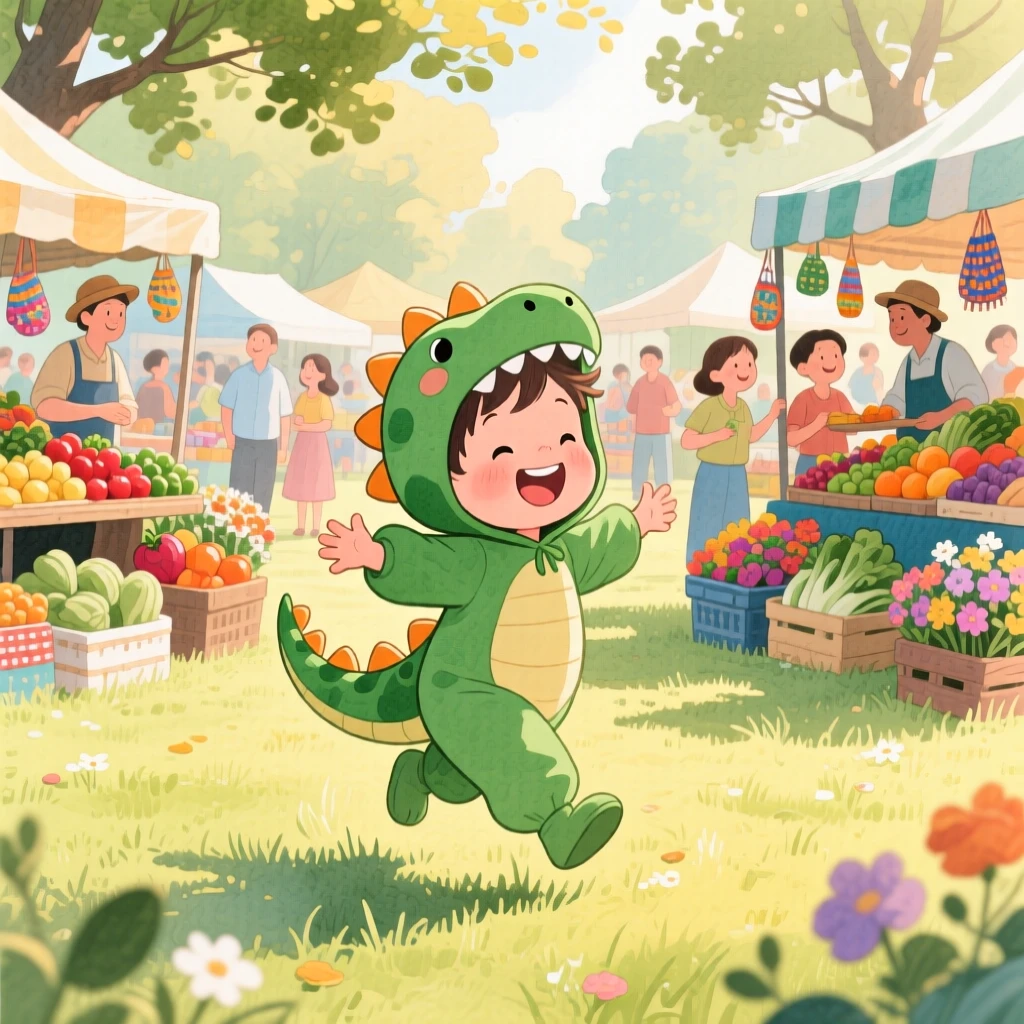 A toddler in a dinosaur costume spinning in circles with arms outstretched in a field, in a farmers' market bustling with color, evoking a warm sense of nostalgia.