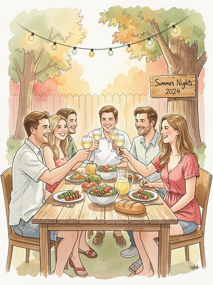 A group of friends toasting together at an outdoor summer dinner party, warm colors and soft shadows completing the scene.