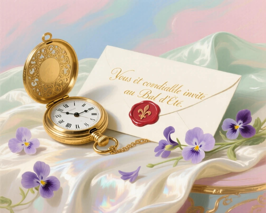 A golden pocket watch beside a sealed invitation and scattered violets  