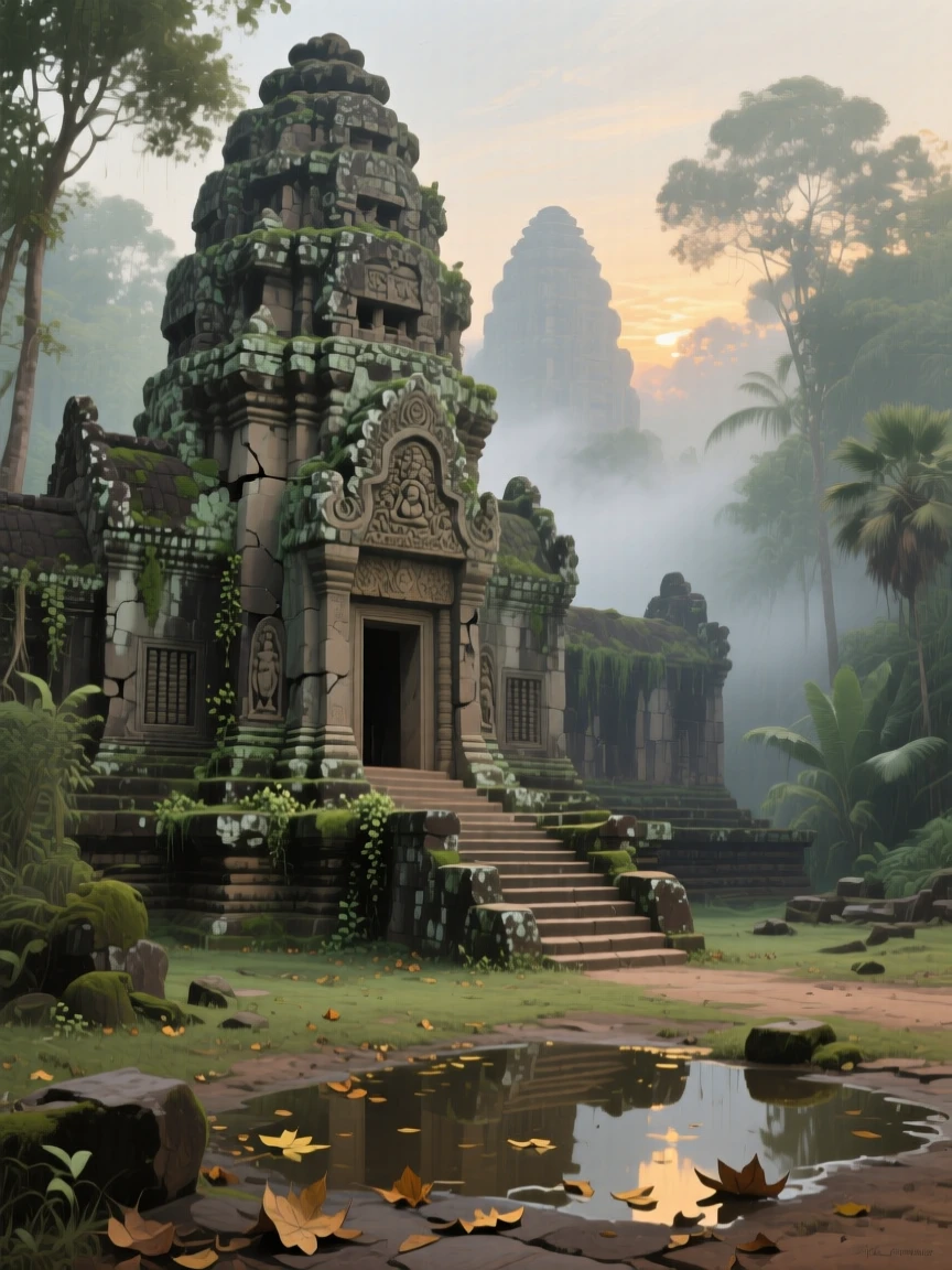The ancient temples of Angkor Wat emerging from jungle mist at dawn, with centuries of history visible in every weathered detail, celebrating the architectural wonder and cultural richness of the location