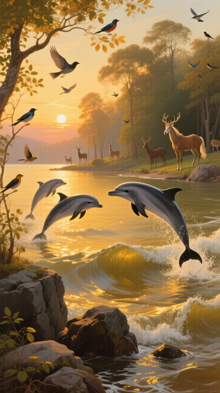 A pod of dolphins leaping through golden evening waves as instinct and elegance move in perfect harmony, set within a sunlit forest clearing alive with birdsong, with feathers, fur, or manes catching the light in fine, luminous detail; strong natural framing from branches or rock formations draws the eye inward, radiating peace, freedom, and untamed beauty.