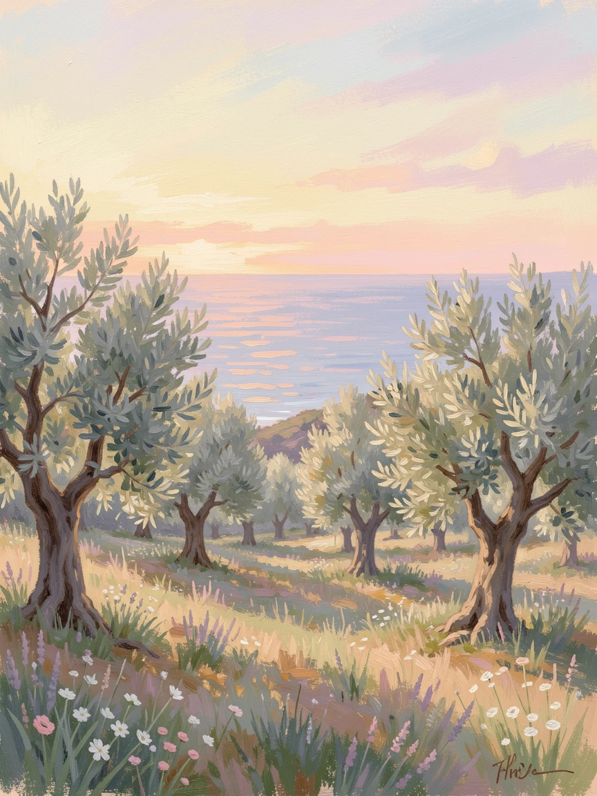A peaceful orchard of olive trees on a Mediterranean hillside overlooking the sea at golden hour, radiating joy and gentle celebration.