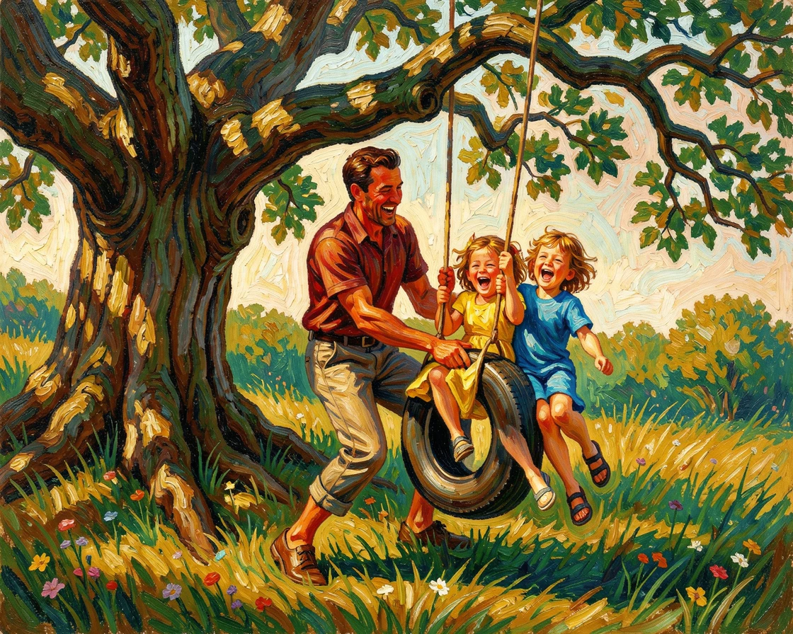 A father pushing his laughing children on a tire swing beneath an old oak tree.
