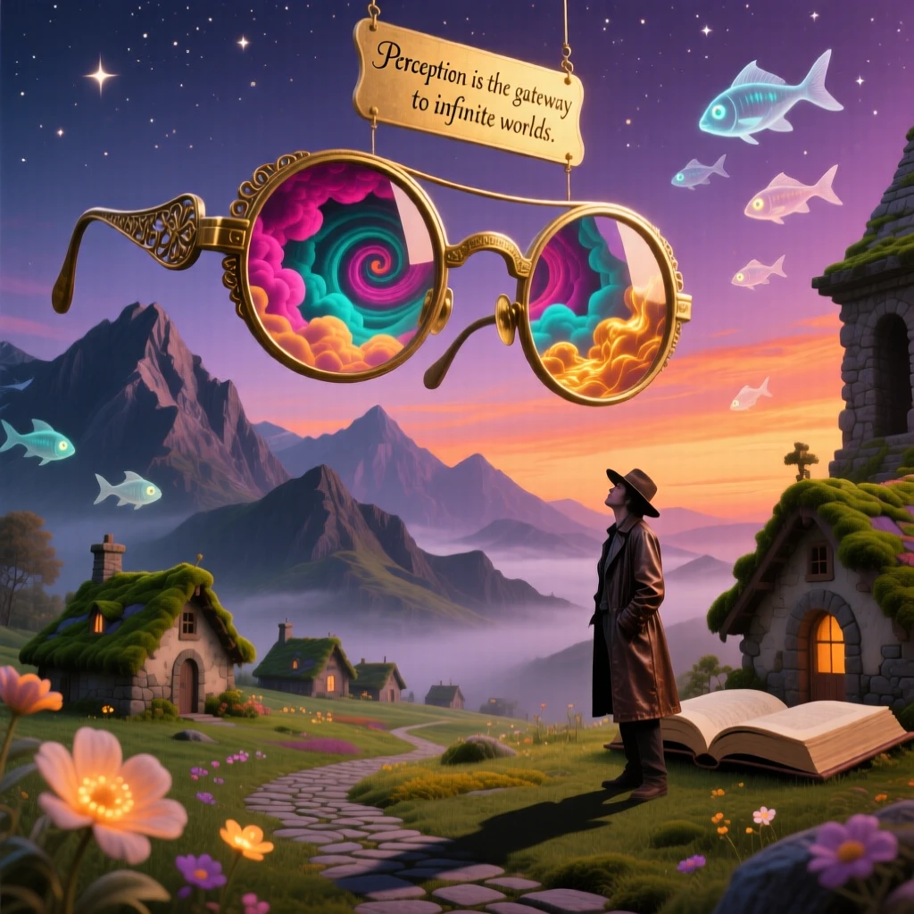 A colossal pair of spectacles framing a distant mountain range towers silently over a scattering of small stone cottages, while a single small figure stands beside it for scale.