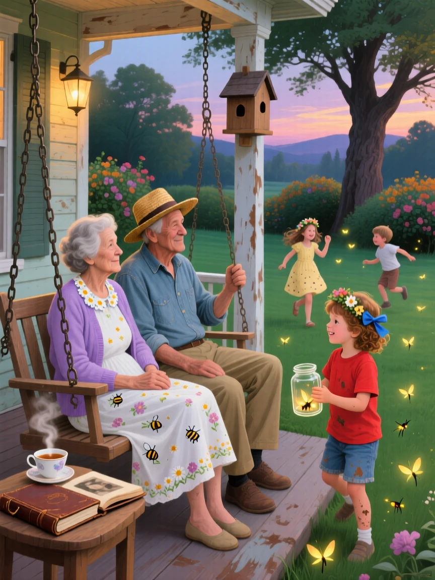 Grandparents watch fondly from a porch swing as grandchildren chase fireflies across the lawn on a warm summer evening, small personal details in their clothing and surroundings hinting at their story.